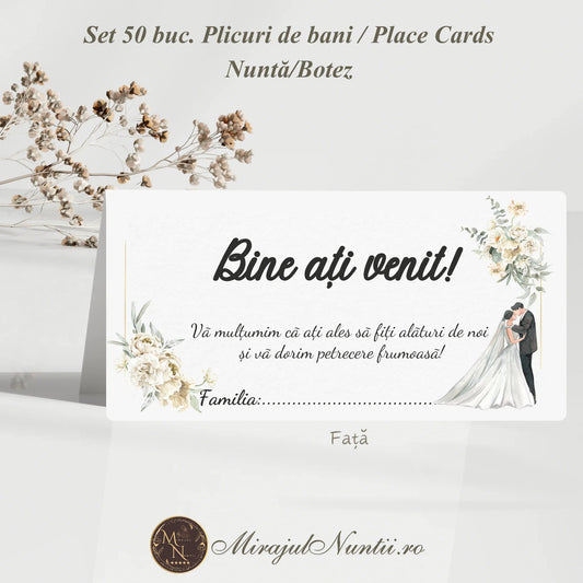Plic de bani nuntă tip place card cu ilustrație florală și cuplu de miri, model premium cu buzunar interior.