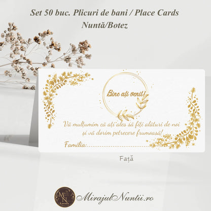Plic de bani și place card pentru nuntă sau botez, culoare albă cu ramă florală aurie și text caligrafic de bun venit, set de 50 bucăți.