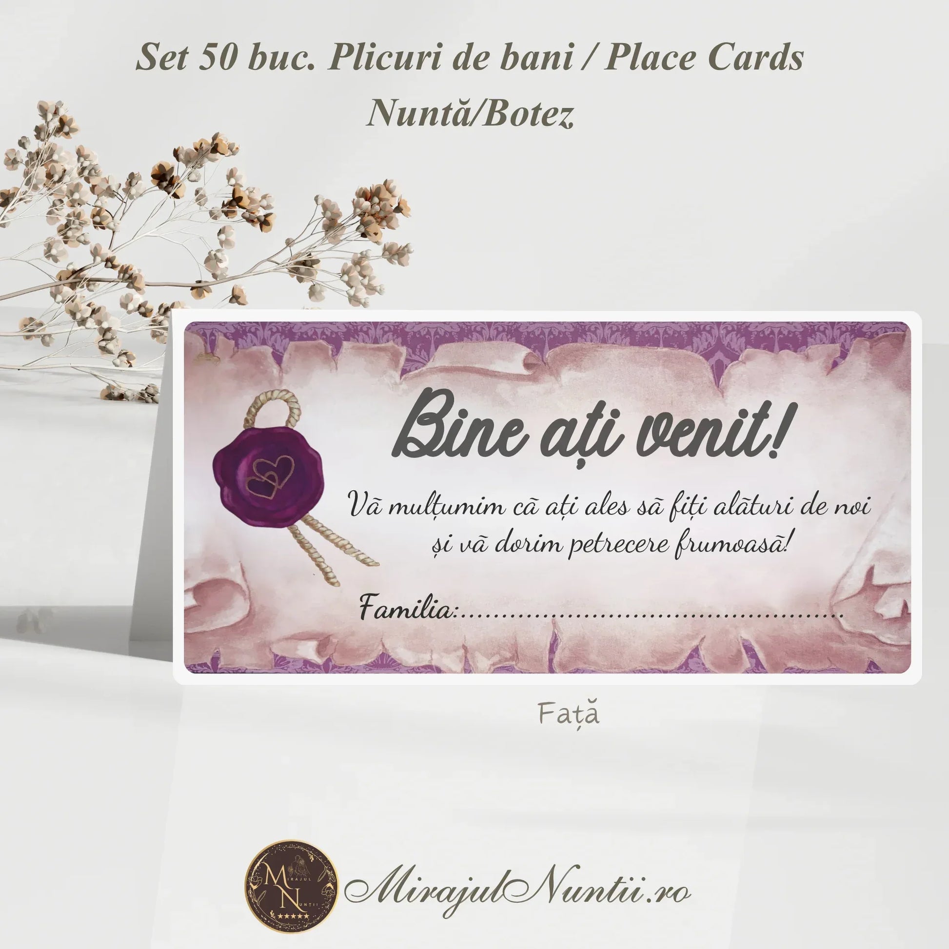 Plic de bani și place card tip pergament cu sigiliu de ceară mov și model damask, set de 50 bucăți pentru evenimente de lux Mirajul Nunții.