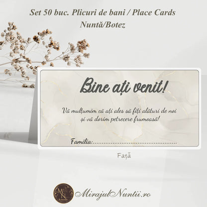 Plic de bani și place card cu textură de marmură albă și vene aurii, model premium pentru evenimente Mirajul Nunții.