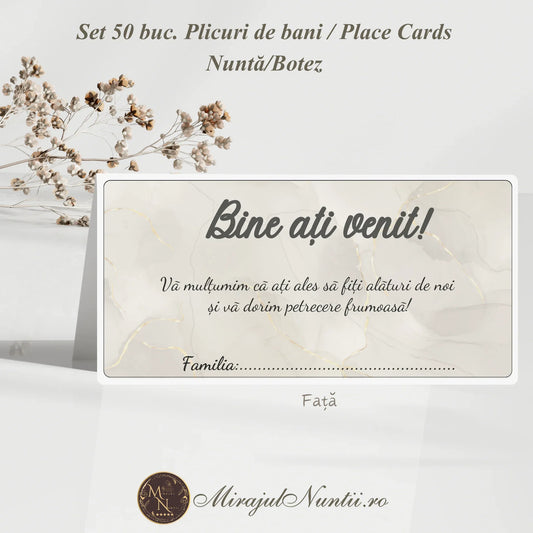 Plic de bani și place card cu textură de marmură albă și vene aurii, model premium pentru evenimente Mirajul Nunții.