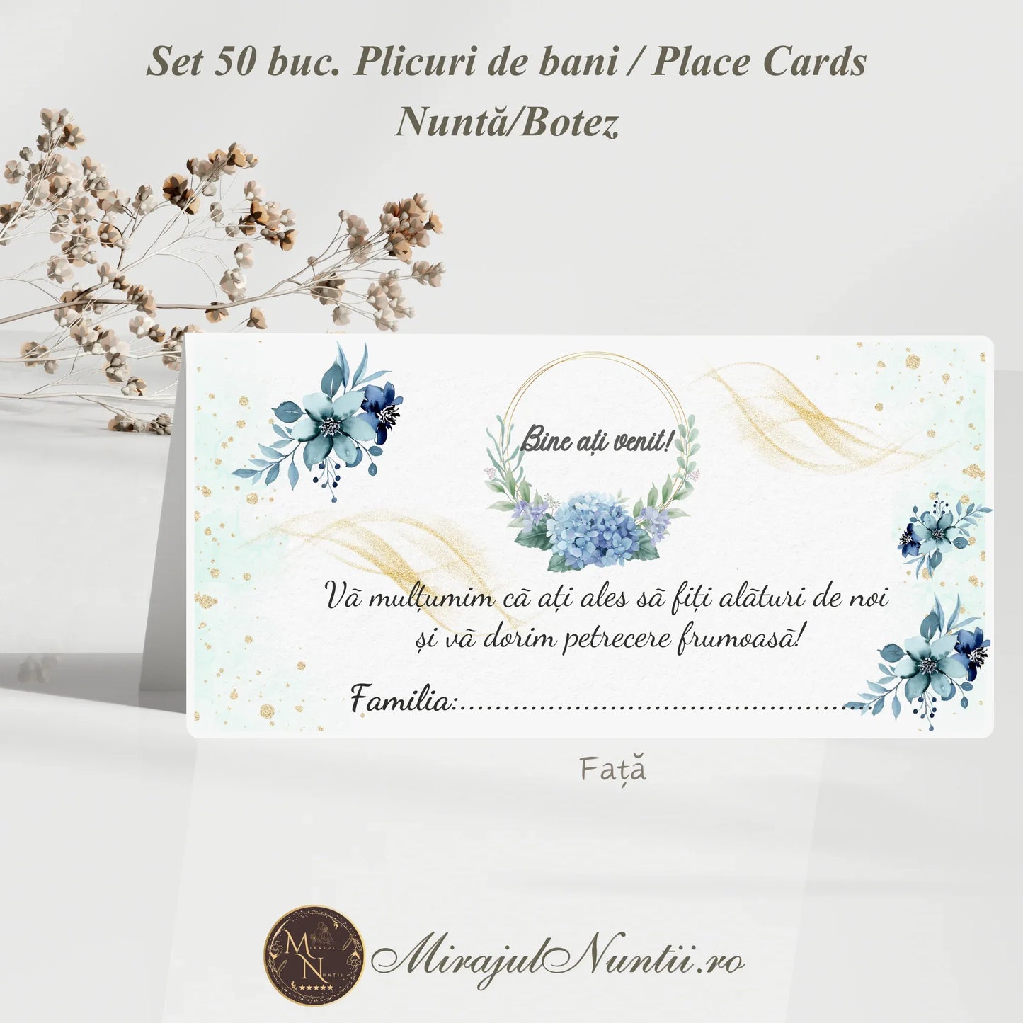 Plic de bani tip place card pentru nuntă sau botez cu design floral albastru și hortensii, set 50 bucăți.