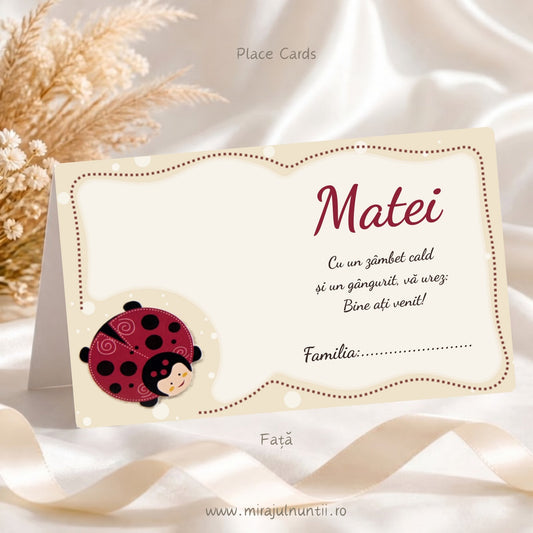Plic de bani botez personalizat cu buburuză zâmbitoare și buline, fața cu numele Matei, mesajul de bun venit și rândul Familia, ramă crem cu linie punctată vișinie, cod B. 7501
