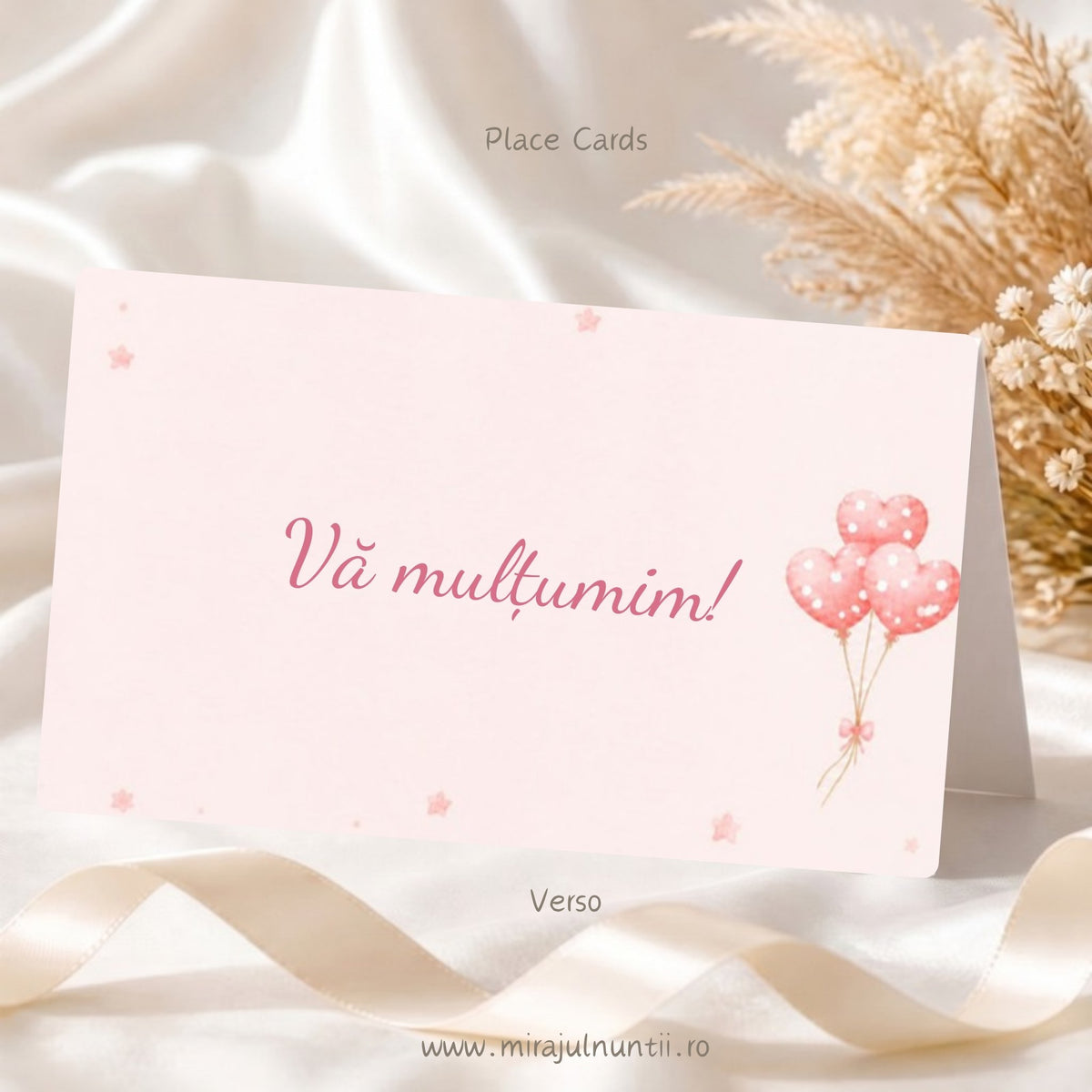Spatele plicului de bani personalizat pentru botez, roz pal, cu mesajul „Vă mulțumim!”, baloane inimioare roz și steluțe – cod B.13-20013