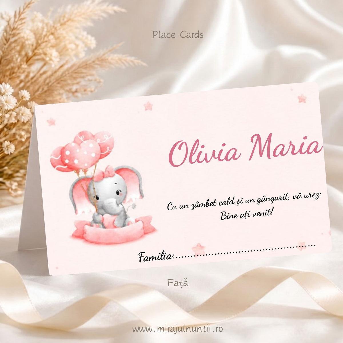 Fața plicului de bani personalizat pentru botez cu elefănțel gri, baloane inimioare roz și steluțe, numele „Olivia Maria”, mesajul de bun venit și rândul „Familia” – cod B.13-20013