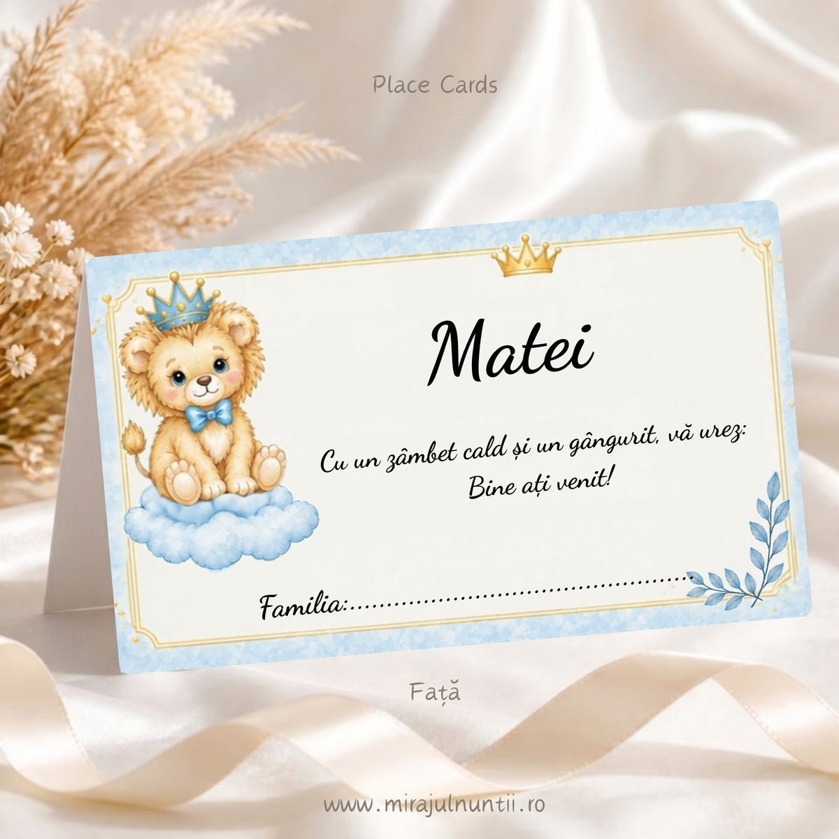 Plic de bani botez personalizat B.38, fața: numele Matei, mesajul de bun venit și rândul „Familia:”, leuț cu coroniță bleu și papion pe un nor, coroniță aurie și crenguță bleu pe fond crem cu chenar bleu