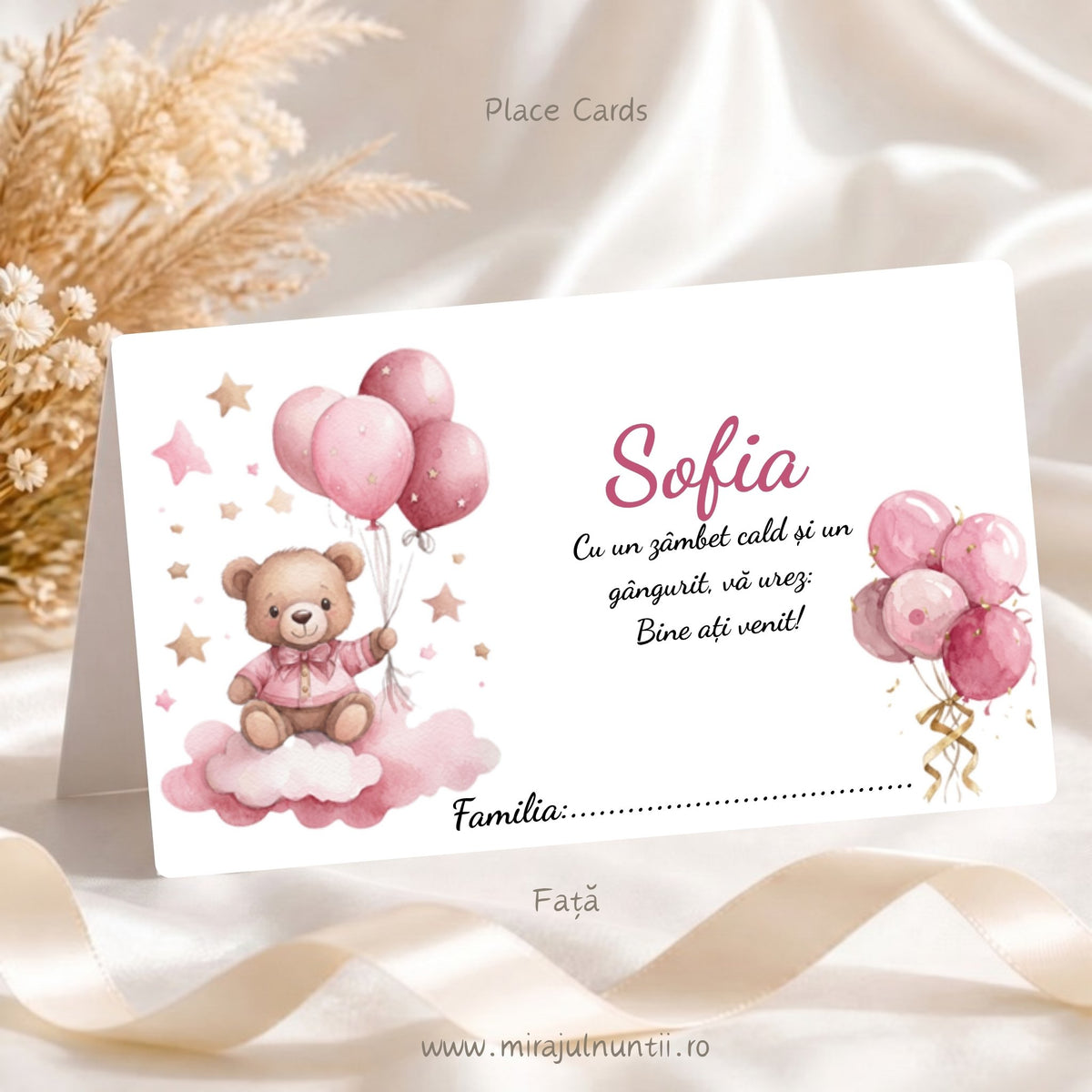 Plic de bani botez personalizat B.33-20033, fața: ursuleț pe nor cu baloane roz, numele Sofia, mesaj de bun venit și rândul Familia