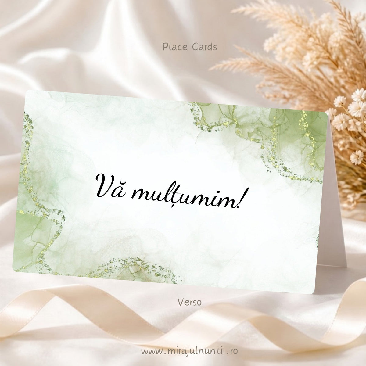 Plic de bani nuntă personalizat C.41, spatele: marmură verde olive cu linii aurii în colțuri și mesajul „Vă mulțumim!” tipărit cu litere caligrafice