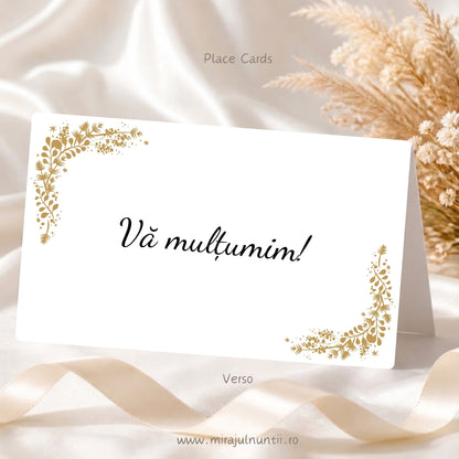 Plic de bani nuntă personalizat C.13, spatele: mesajul „Vă mulțumim!” cu litere caligrafice negre și ramuri aurii în colțuri, pe fond alb