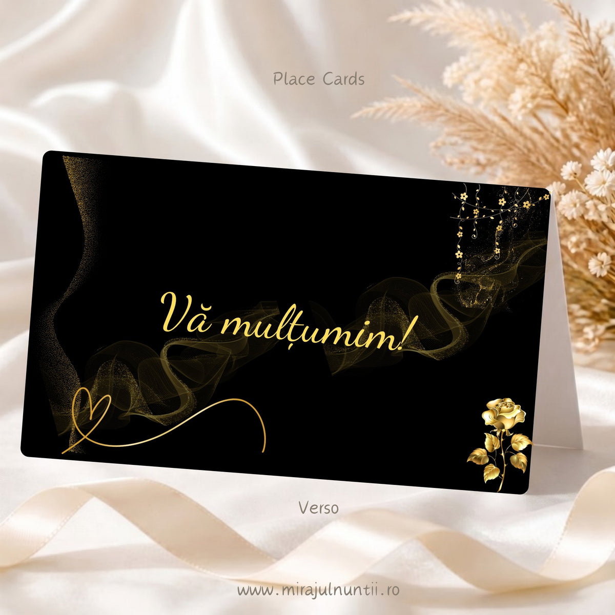 Plic de bani nuntă personalizat C.51, spatele: „Vă mulțumim!” în auriu, trandafir auriu, flori aurii atârnate, fum și sclipici auriu pe fond negru
