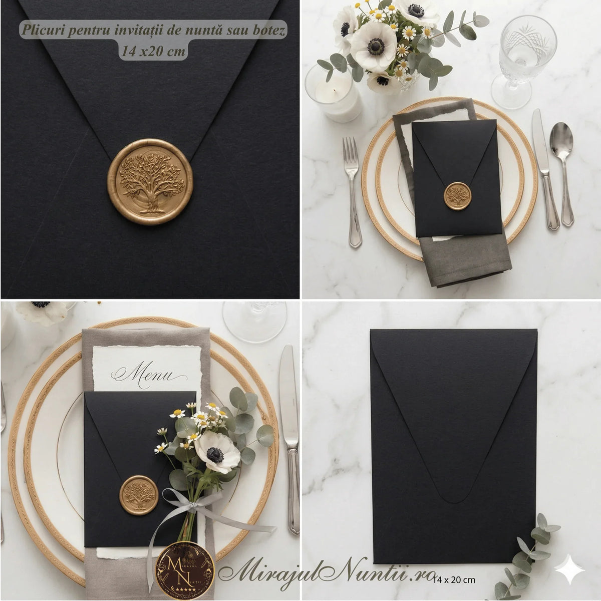 Plic invitație nuntă și botez negru 14 x 20 cm, vertical, cod z9192, cu sigiliu auriu din ceară cu Copacul Vieții, pe farfurie cu meniu, flori albe și eucalipt