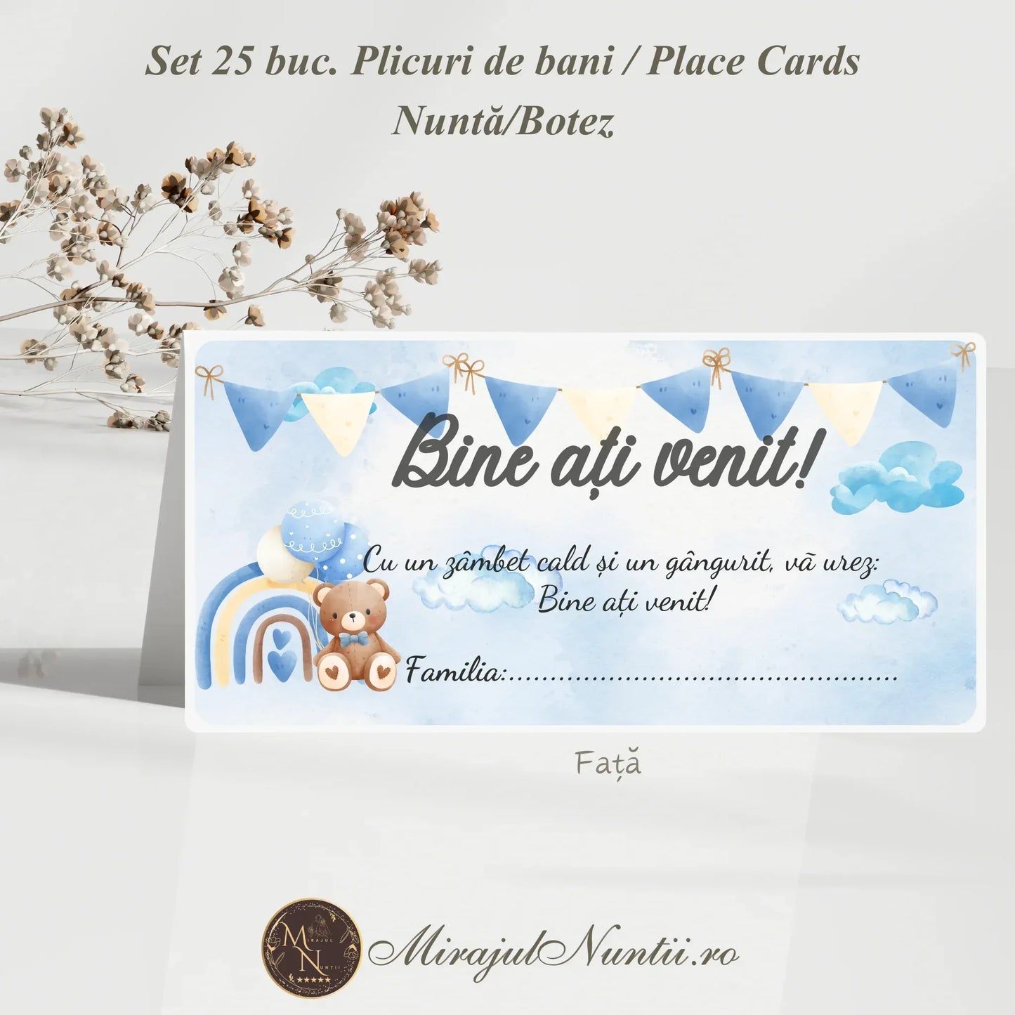 Set 25 plicuri de bani și place cards pentru botez băiețel, design cu ursuleț, curcubeu și norișori albaștri, model premium Mirajul Nunții.