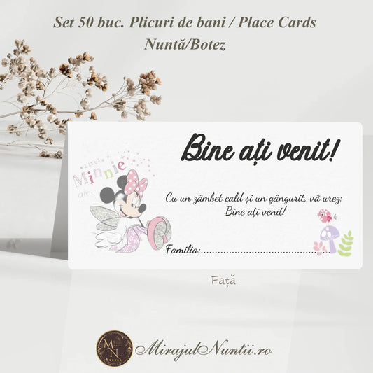 Set 50 plicuri de bani și place cards pentru botez cu tematică Minnie Mouse, mesaj de bun venit și design roz pastel.