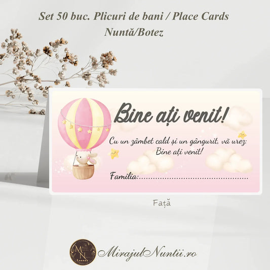 Plic de bani și place card pentru botez cu ilustrație balon cu aer cald roz și iepuraș, set 50 bucăți din carton premium.