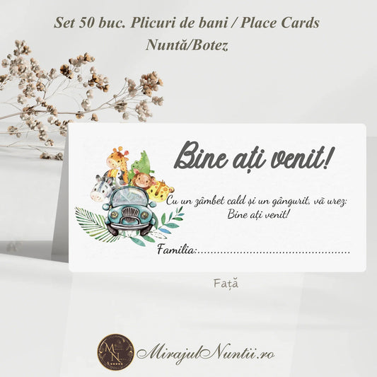 Set 50 plicuri de bani și place cards pentru botez cu tematică Safari, animale vesele și mașină, realizate pe carton alb premium 250g.