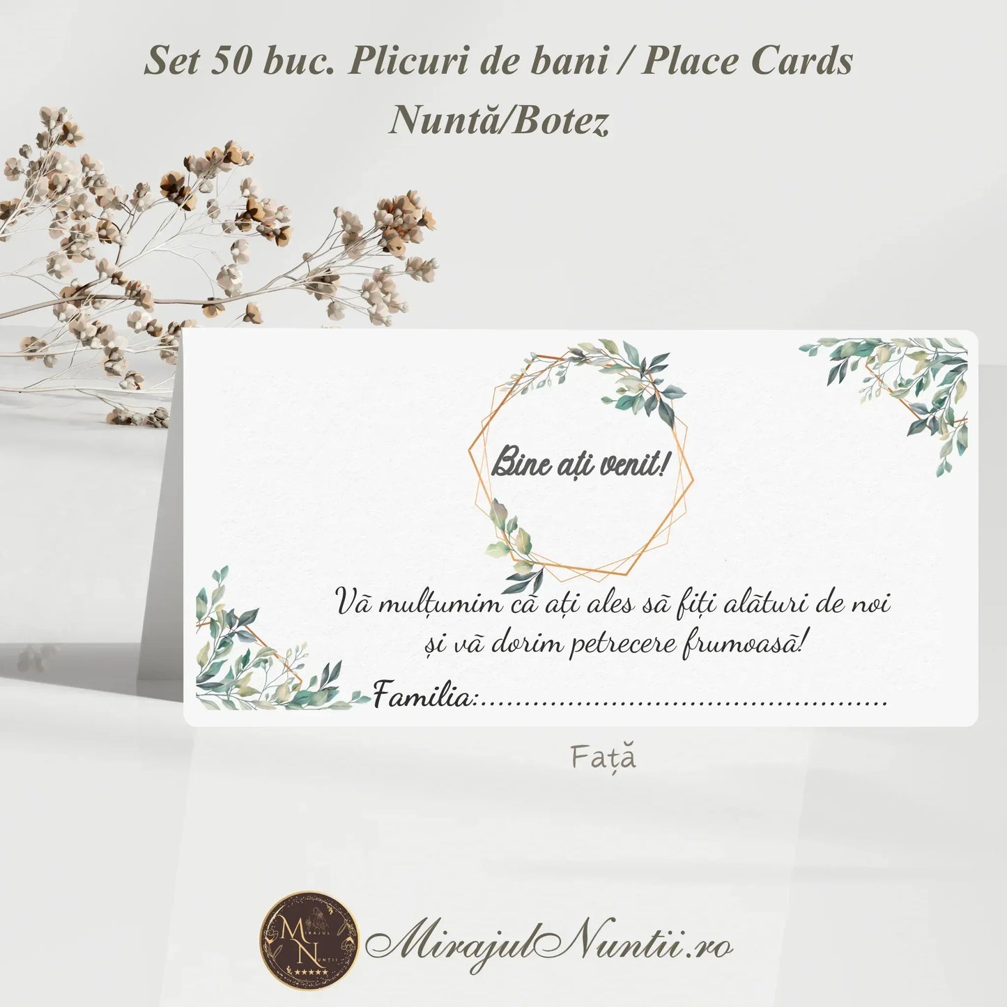 Set de 50 plicuri de bani și place cards pentru nuntă sau botez, cu design floral botanic și hexagon auriu, model de lux Mirajul Nunții.