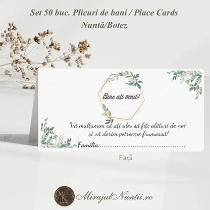 Set de 50 plicuri de bani și place cards pentru nuntă sau botez, cu design floral botanic și hexagon auriu, model de lux Mirajul Nunții.