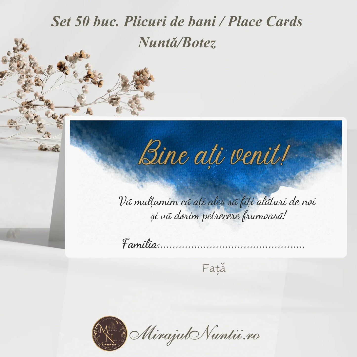 Set 50 plicuri de bani și place cards pentru nuntă sau botez cu design acuarelă albastru regal și mesaj de mulțumire.