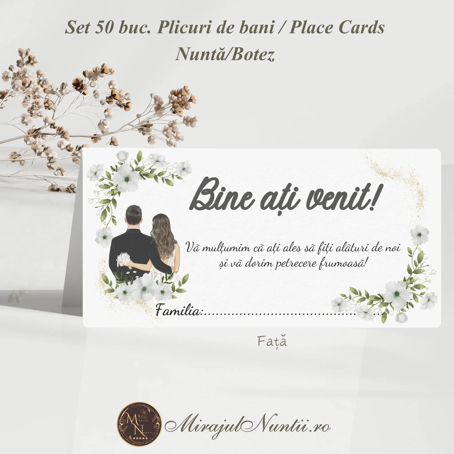 Set 50 plicuri de bani și place cards pentru nuntă sau botez cu ilustrație miri și flori albe pe fundal alb.