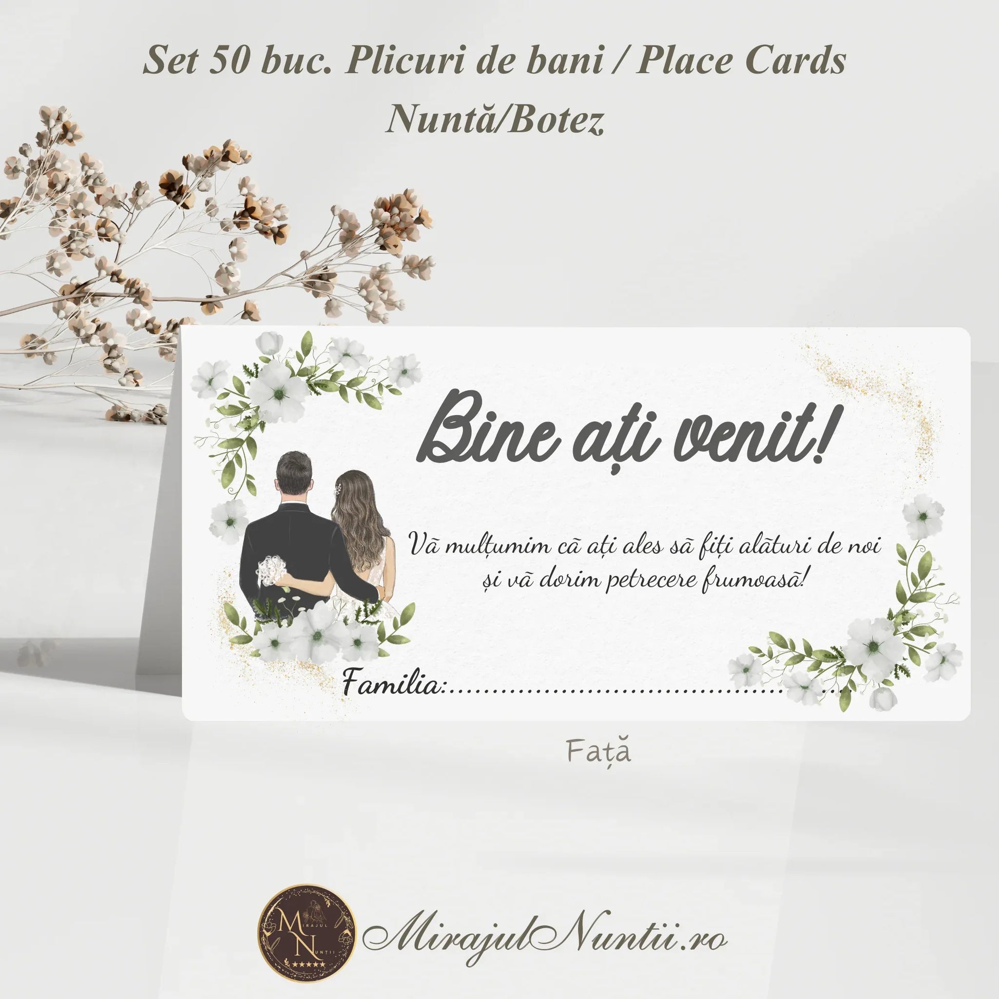 Set 50 plicuri de bani și place cards pentru nuntă sau botez cu ilustrație miri și flori albe pe fundal alb.