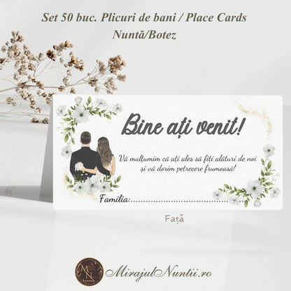 Set 50 plicuri de bani și place cards pentru nuntă sau botez cu ilustrație miri și flori albe pe fundal alb.