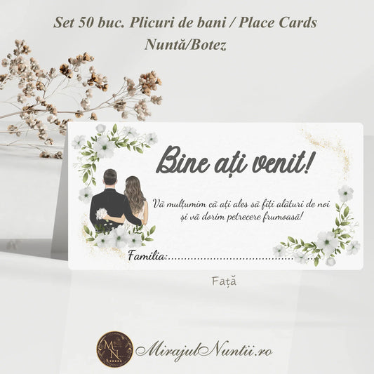 Set 50 plicuri de bani și place cards pentru nuntă sau botez cu ilustrație miri și flori albe pe fundal alb.