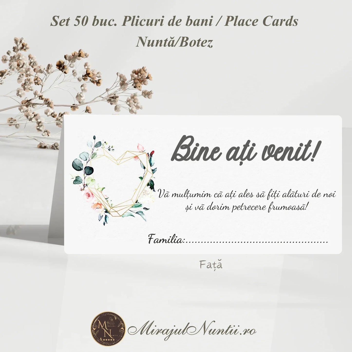 Plic de bani și place card alb cu inimă geometrică aurie, flori watercolor și eucalipt, set de 50 bucăți pentru nuntă sau botez.