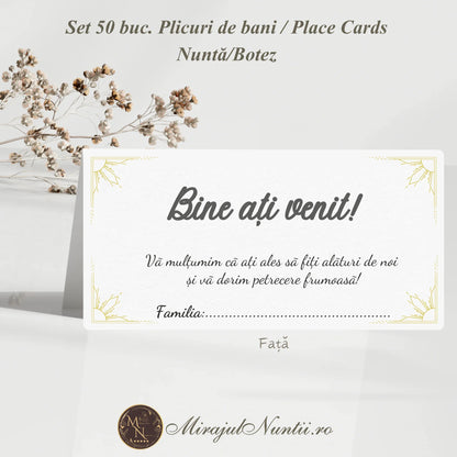 Set 50 plicuri de bani și place cards pentru nuntă sau botez, model alb minimalist cu text auriu și mesaj de bun venit.