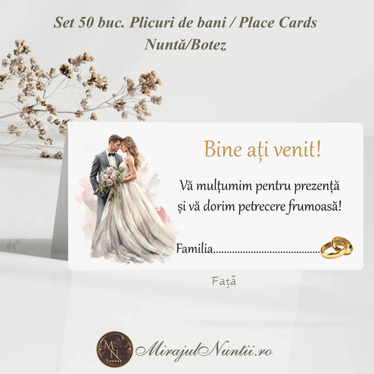 Plic de bani și place card pentru nuntă cu ilustrație miri, set 50 bucăți, carton premium texturat cu mesaj de mulțumire.