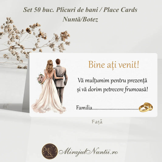 Set de 50 plicuri de bani și place cards pentru nuntă sau botez, model Golden Romance cu ilustrație miri și verighete pe carton alb premium.