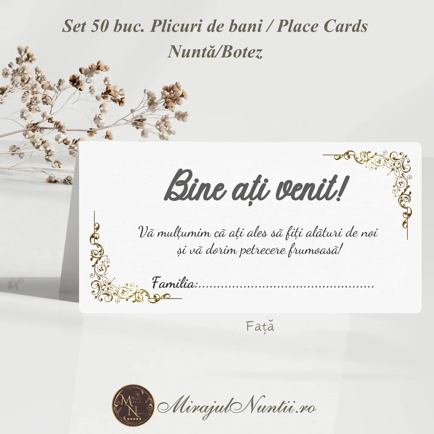 Set 50 plicuri de bani și place cards cu ornamente baroc aurii și mesaj de bun venit, papetărie de lux Mirajul Nunții.