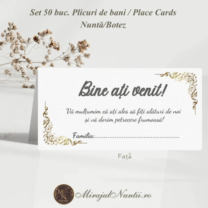 Set 50 plicuri de bani și place cards cu ornamente baroc aurii și mesaj de bun venit, papetărie de lux Mirajul Nunții.