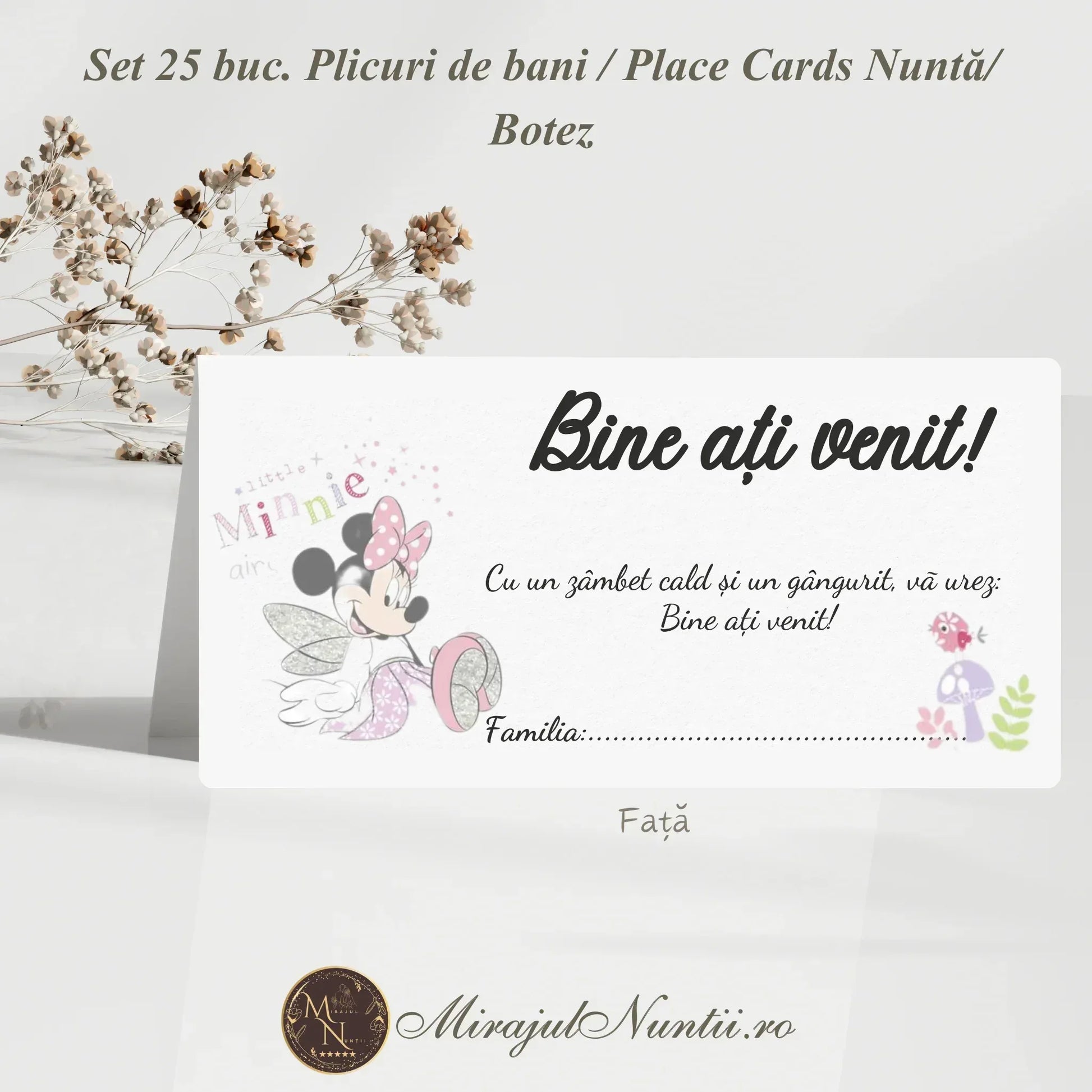 Set 25 plicuri de bani și place cards cu design Minnie Mouse pentru botez fetiță, realizate din carton alb premium cu detalii roz.
