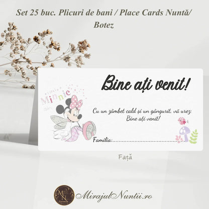 Set 25 plicuri de bani și place cards cu design Minnie Mouse pentru botez fetiță, realizate din carton alb premium cu detalii roz.