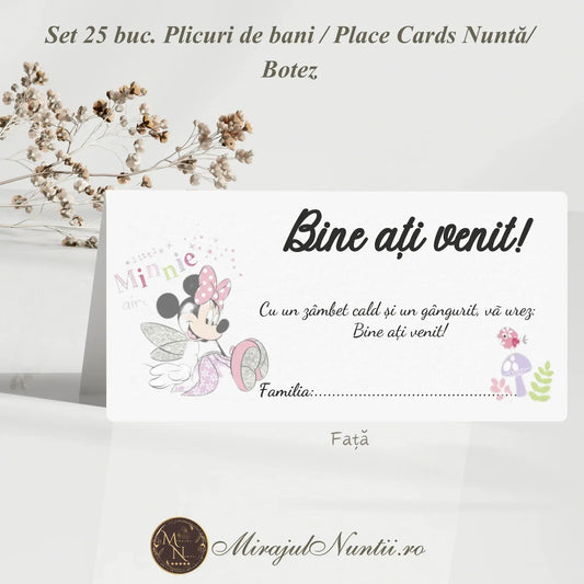 Set 25 plicuri de bani și place cards cu design Minnie Mouse pentru botez fetiță, realizate din carton alb premium cu detalii roz.