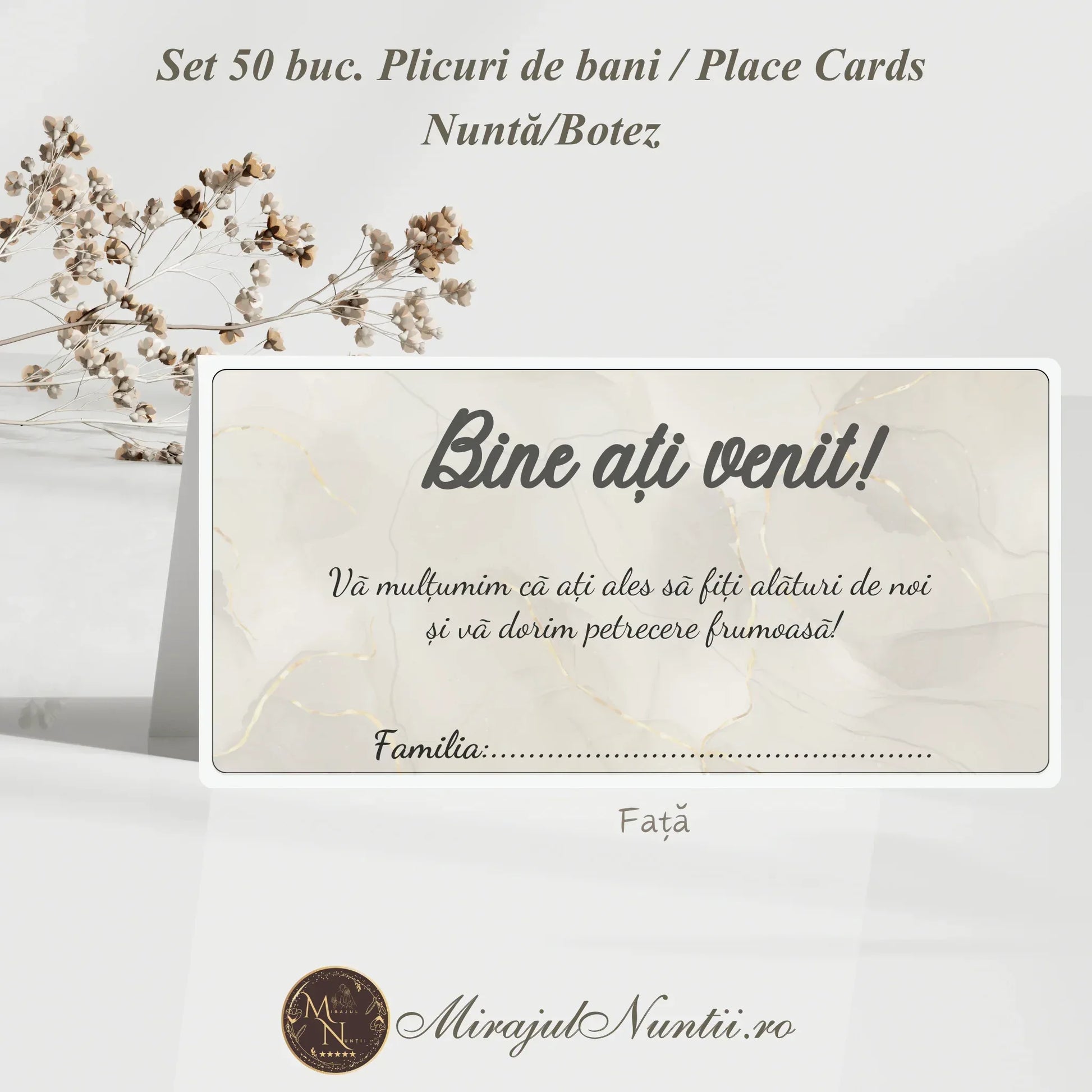 Plic de bani și place card pentru nuntă cu design textură marmură alb-aurie și mesaj de bun venit, model premium Mirajul Nunții.