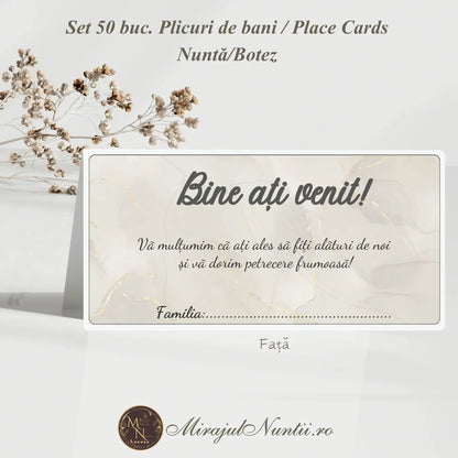 Plic de bani și place card pentru nuntă cu design textură marmură alb-aurie și mesaj de bun venit, model premium Mirajul Nunții.