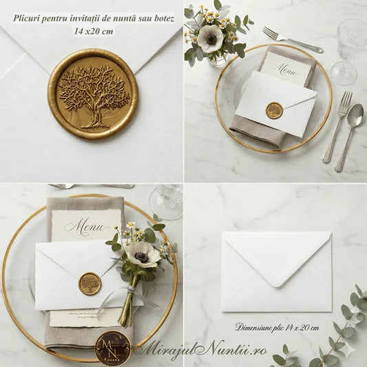 Plicuri albe mate de lux pentru invitații nuntă 14x20 cm cu sigiliu de ceară auriu, set premium Mirajul Nunții.