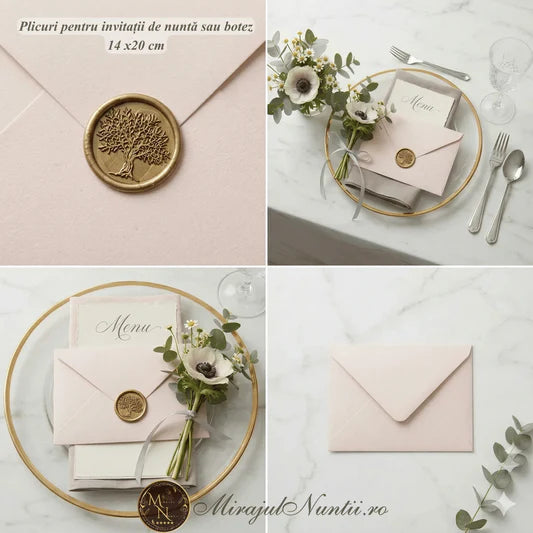 Plicuri roz pal mat pentru invitații de nuntă cu sigiliu de ceară auriu și decor floral, set 50 bucăți Mirajul Nunții.