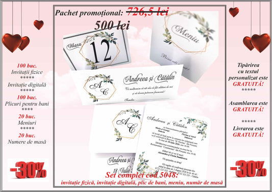 Pachet promoțional (set invitații, plicuri de bani, meniuri, nr. de masă) -cod 5048 - Mirajul Nuntii