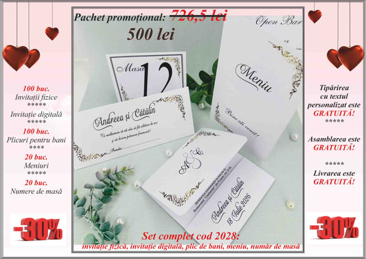 Pachet promoțional (set invitații, plicuri de bani, meniuri, nr. de masă) -cod 2028 - Mirajul Nuntii