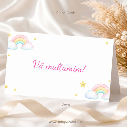 Set de 25 plicuri de bani botez, spate cu „Vă mulțumim!”, curcubeie pastel pe nori și steluțe – Place Cards 20014