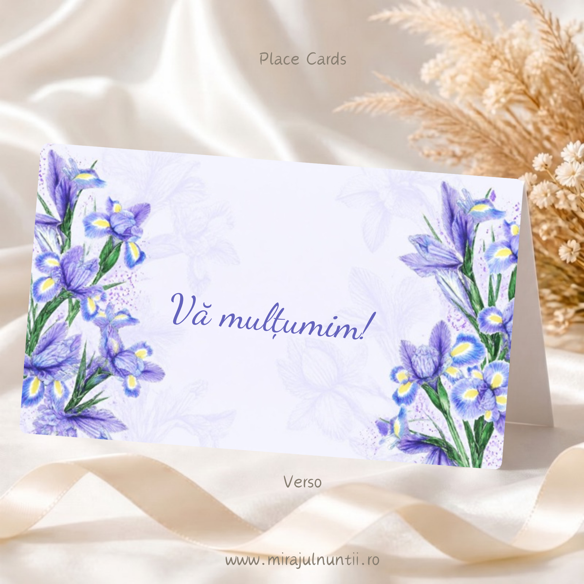 Plic de bani botez din setul de 25 buc. Place Cards 20016, verso, cu iriși mov și Vă mulțumim!