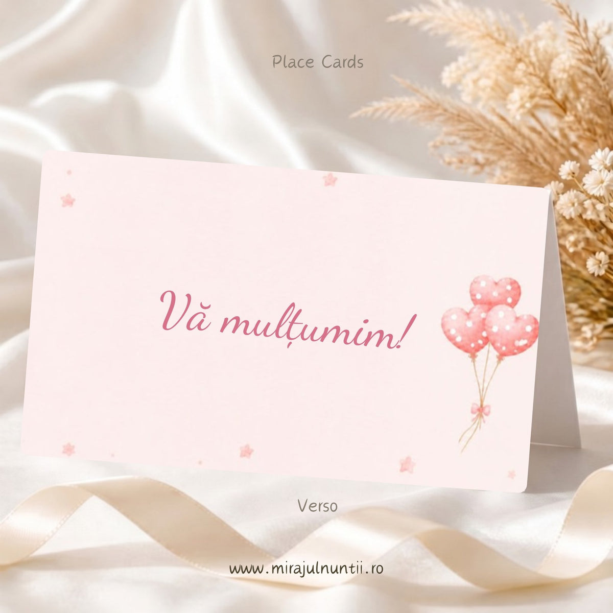 Spatele plicului de bani pentru botez din setul de 25 buc., roz pal, cu „Vă mulțumim!”, baloane inimioare roz și steluțe – Place Cards 20013