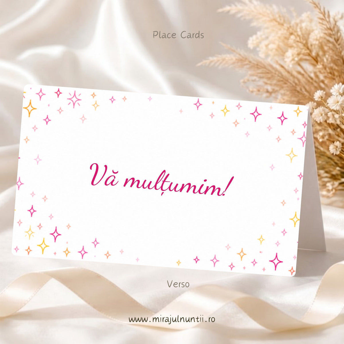 Set 25 plicuri de bani botez, verso: Vă mulțumim! în roz-magenta pe fond alb cu steluțe roz și aurii, cod B. 6017