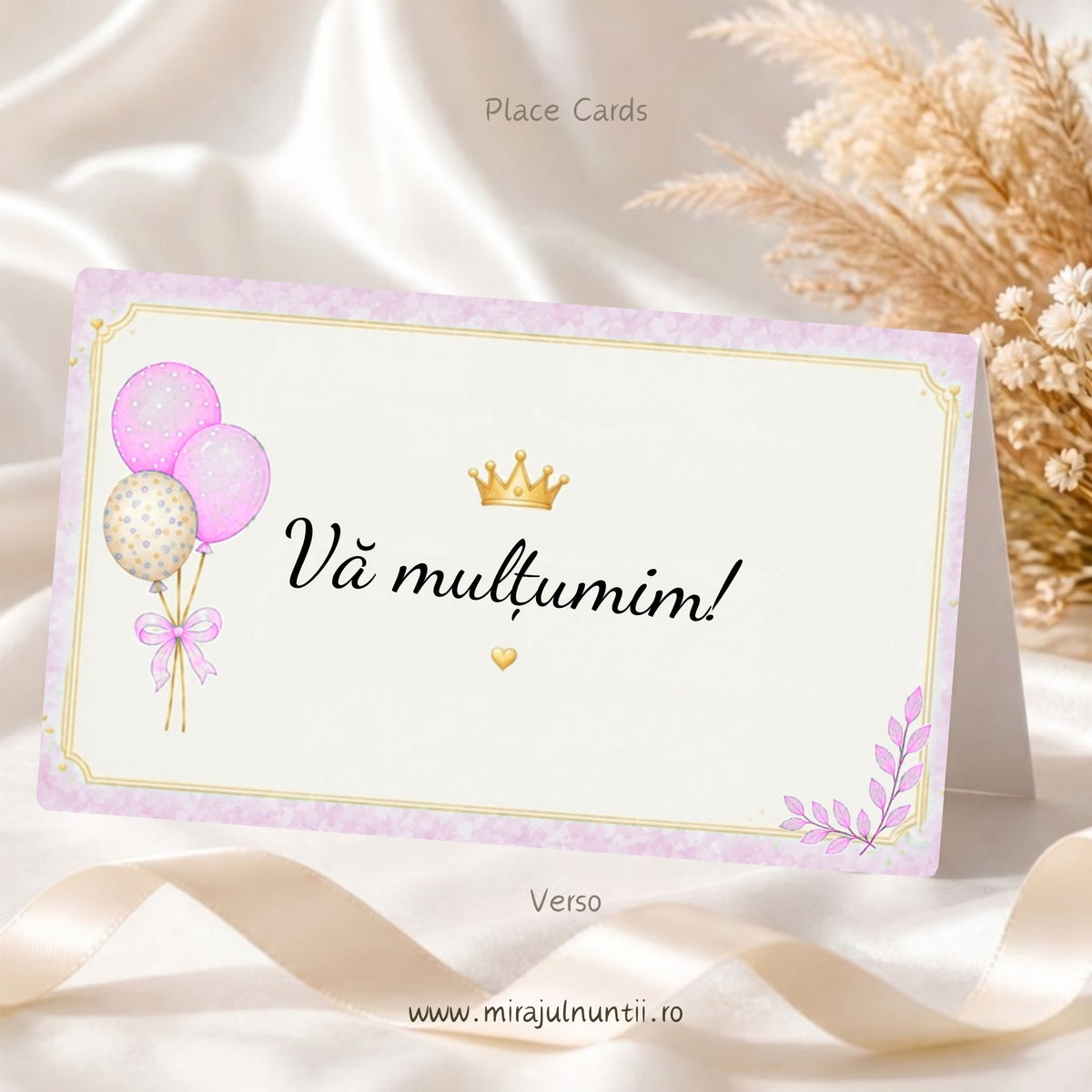 Set 25 plicuri de bani botez B.39, spatele: mesajul „Vă mulțumim!”, baloane roz cu fundiță, coroniță aurie și inimioară aurie, pe fond crem