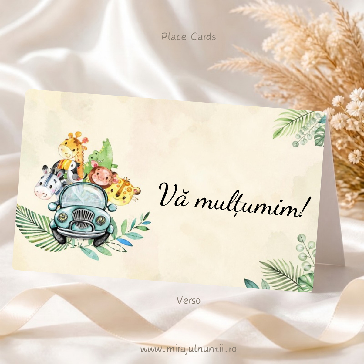 Set 25 plicuri de bani botez cu mașinuță vintage și animale safari, spate cu „Vă mulțumim!”, Place Cards 7600