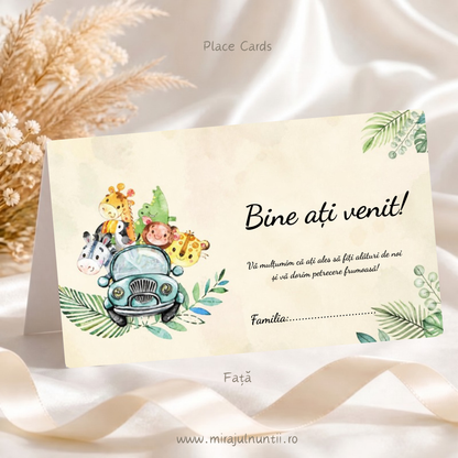 Set 25 plicuri de bani botez cu mașinuță vintage și animale safari printre frunze tropicale, față cu „Bine ați venit!”, mesaj de mulțumire și rândul Familia, Place Cards 7600