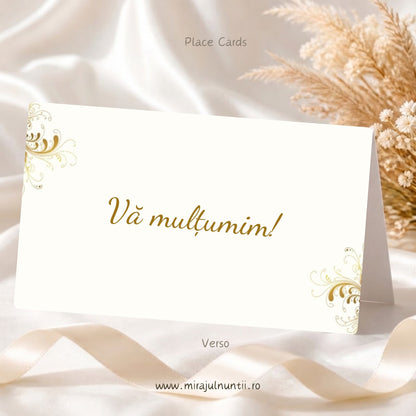 Set 25 plicuri de bani botez B.35-20035, verso: carton ivoriu cu ornamente aurii filigranate în două colțuri și textul auriu Vă mulțumim!