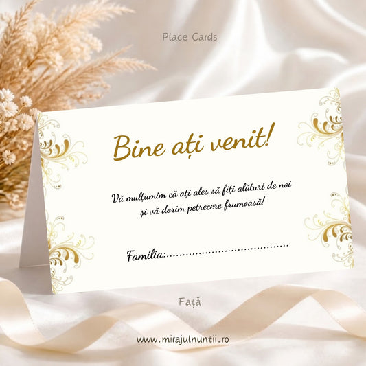 Set 25 plicuri de bani botez B.35-20035, fața: carton ivoriu cu ornamente aurii filigranate, textul auriu Bine ați venit!, mesaj de mulțumire și rândul Familia